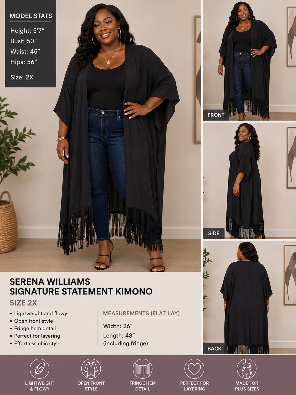 Serena Williams Signature Statement Plus Size Black Fringe Kimono Duster 2X